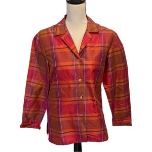 Rafaella Vintage Silk Vibrant Plaid Button-Up Shirt Blouse Size 8 Holiday Career